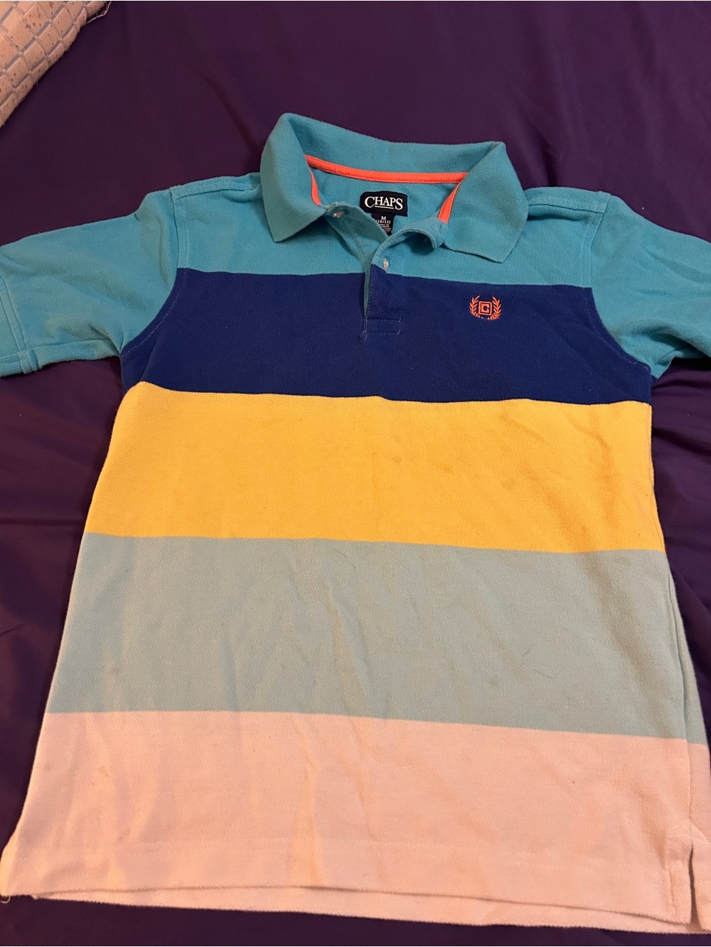 Chaps Boys' Striped Polo in Aqua, Navy, Yellow & Light Pink